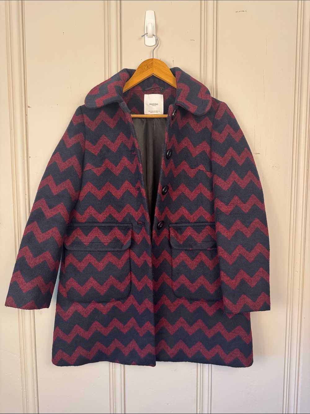 Mango Chevron Statement Coat Womens Small Burgundy Navy Textured Mod Jacket